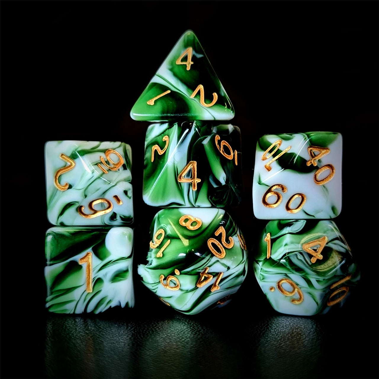 Blend of White & Green Acrylic - 7pcs RPG Full Dice Set Dark Stack