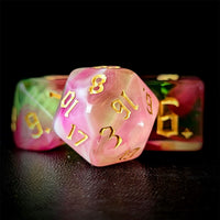 Thumbnail for Blend of Green & Pink Acrylic - 7pcs RPG Full Dice Set Close