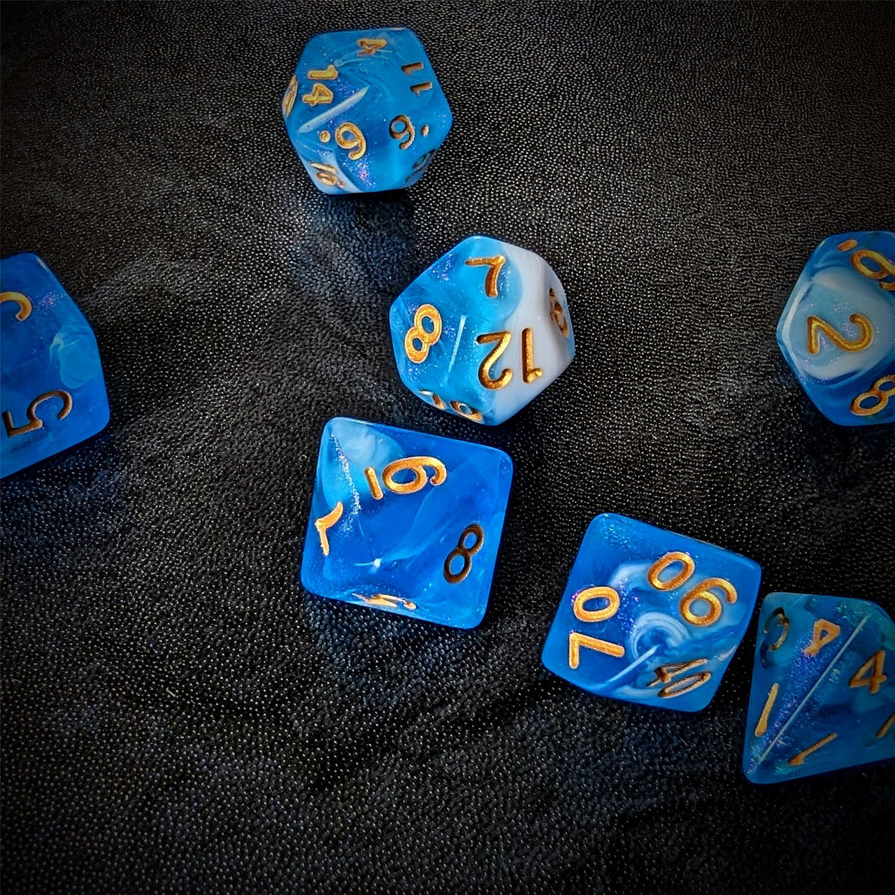 Glitter in Blue & White Acrylic - 7pcs RPG Full Dice Set Scatter