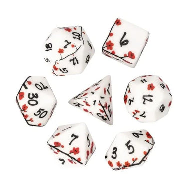 Handmande Red Flowers on White Resin -  7pcs RPG Dice Set