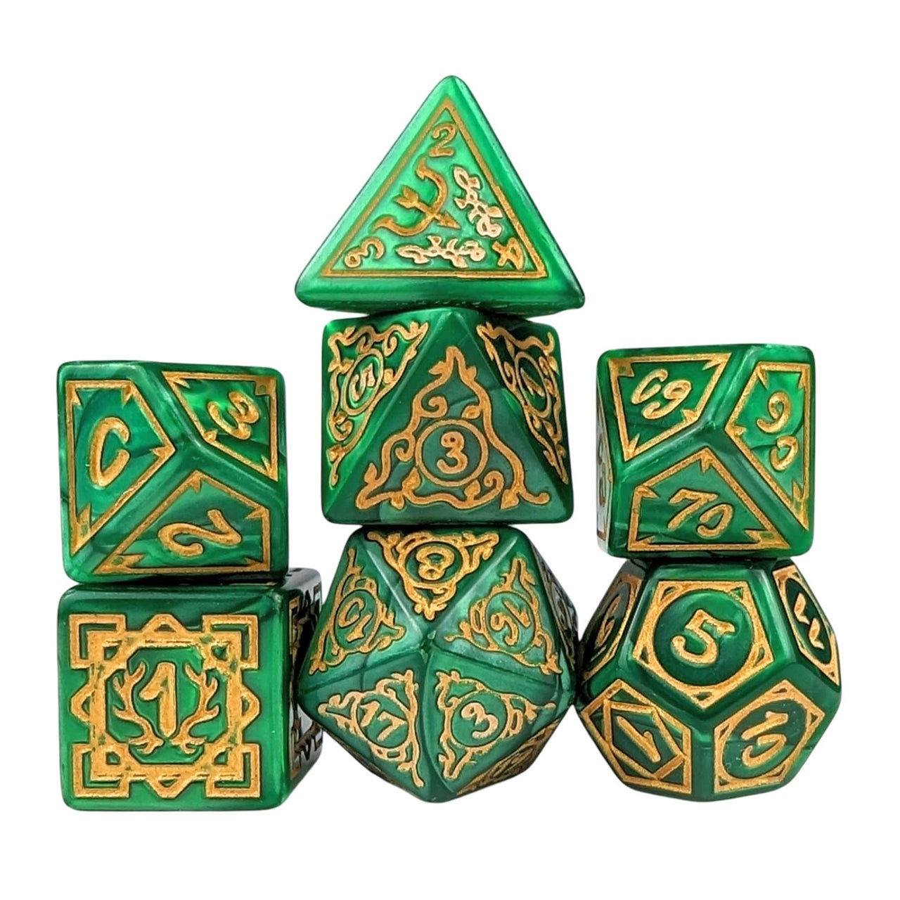 Gold Vines on Green Acrylic - 7pcs RPG Full Dice Set White Stack