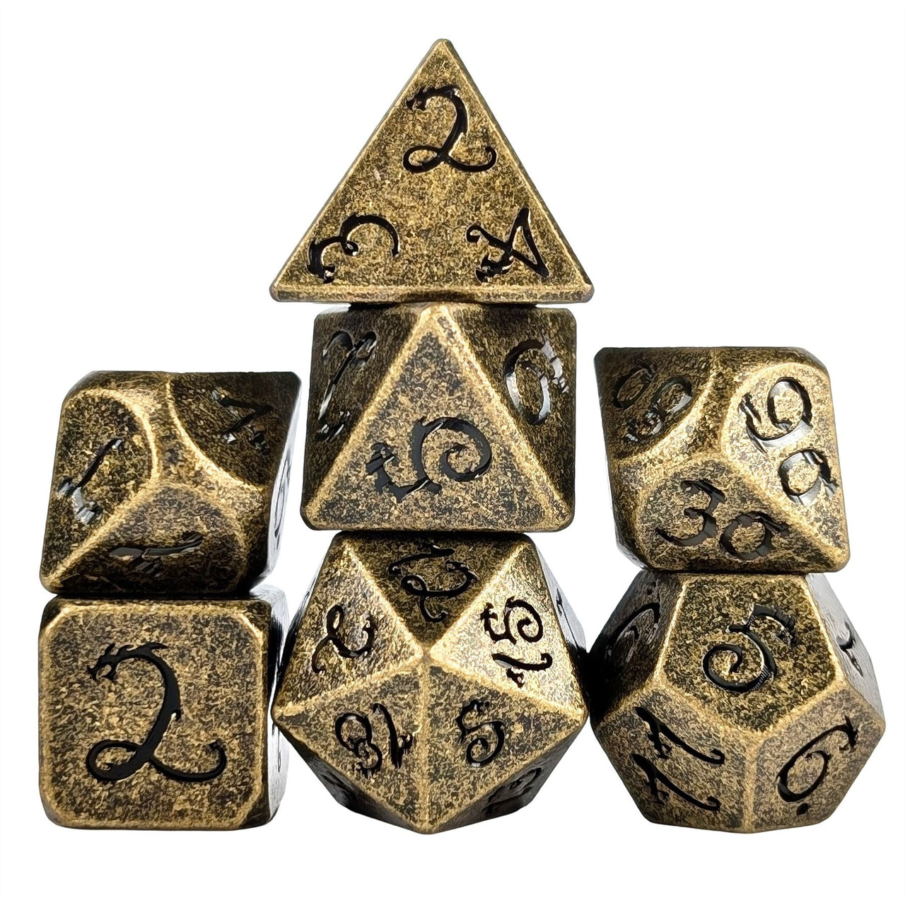 Bronze Metal with Black Dragon Font - 7pcs RPG Dice Set