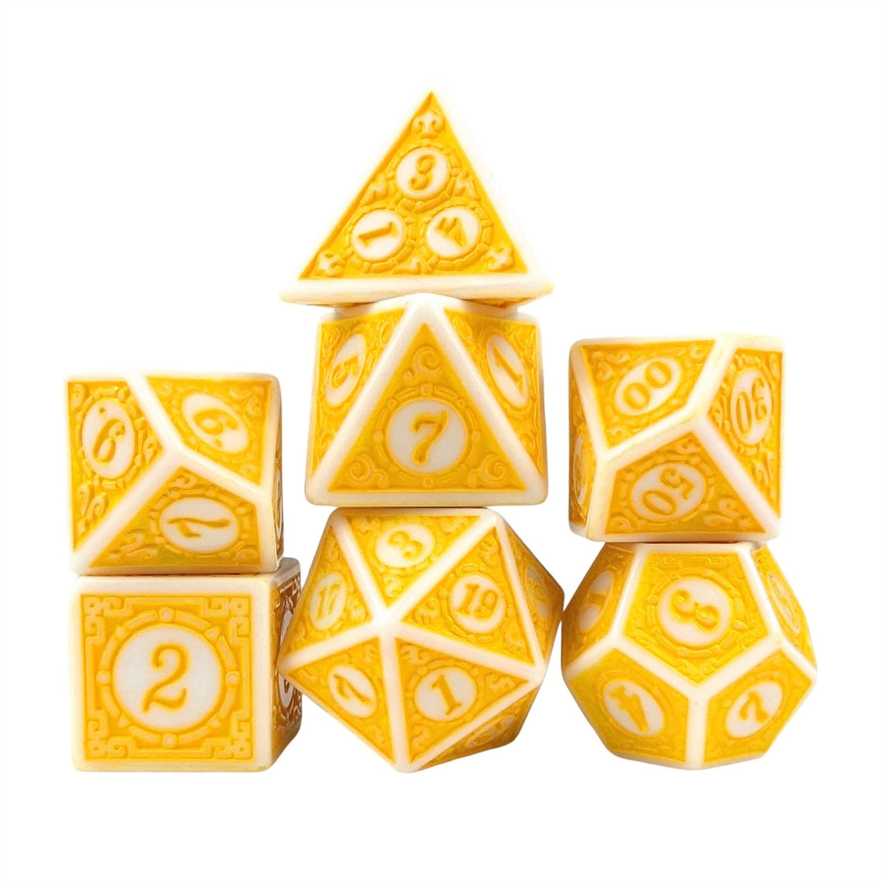 Yellow Lattice on White Acrylic - 7pcs RPG Full Dice Set White Stack