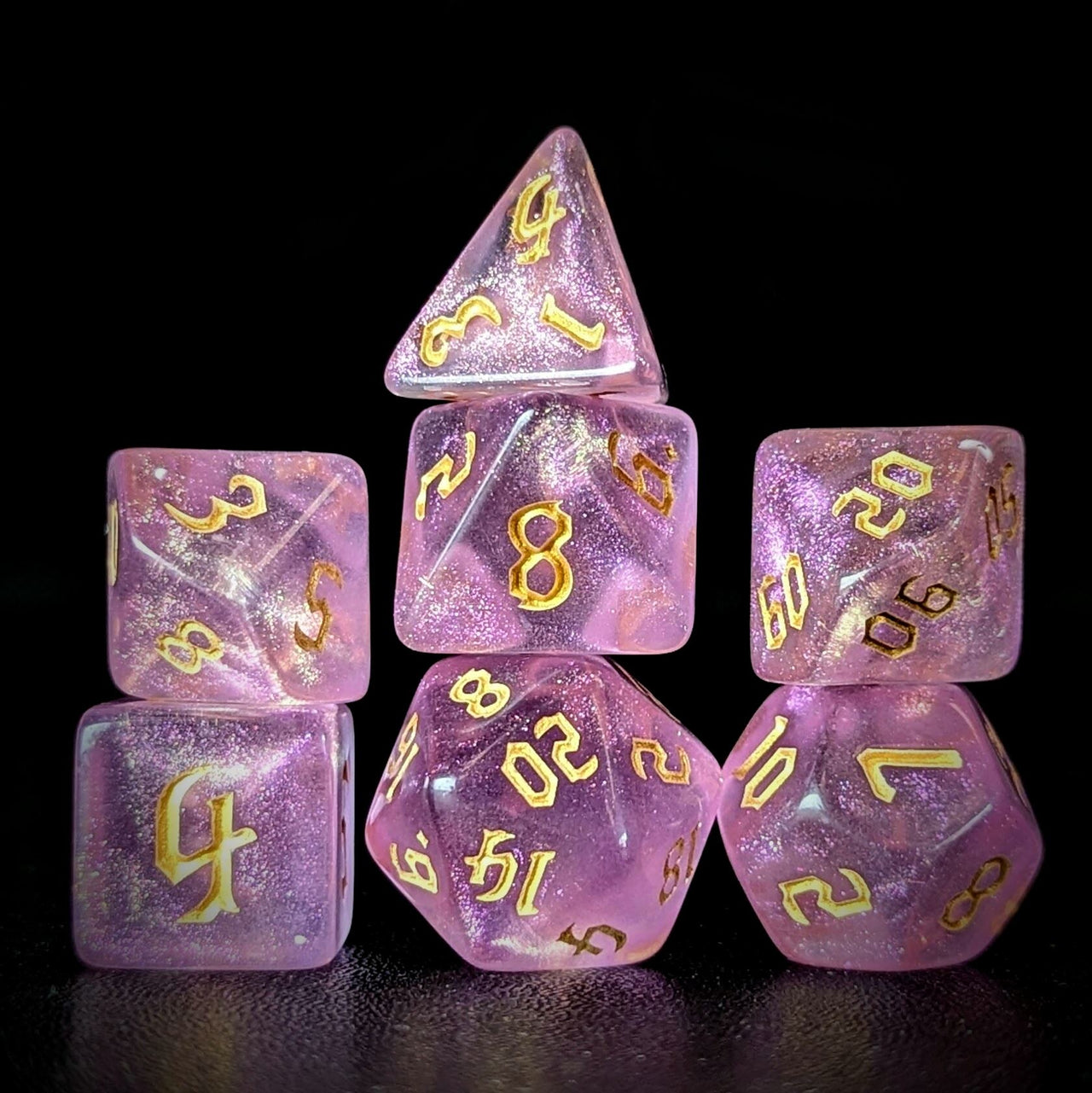 Glitter in Clear Pink Acrylic - 7pcs RPG Full Dice Set Dark Stack