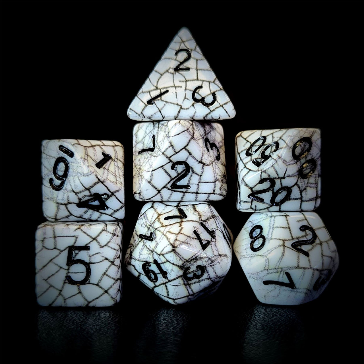Cracked Black on White Acrylic - 7pcs RPG Full Dice Set Dark Stack