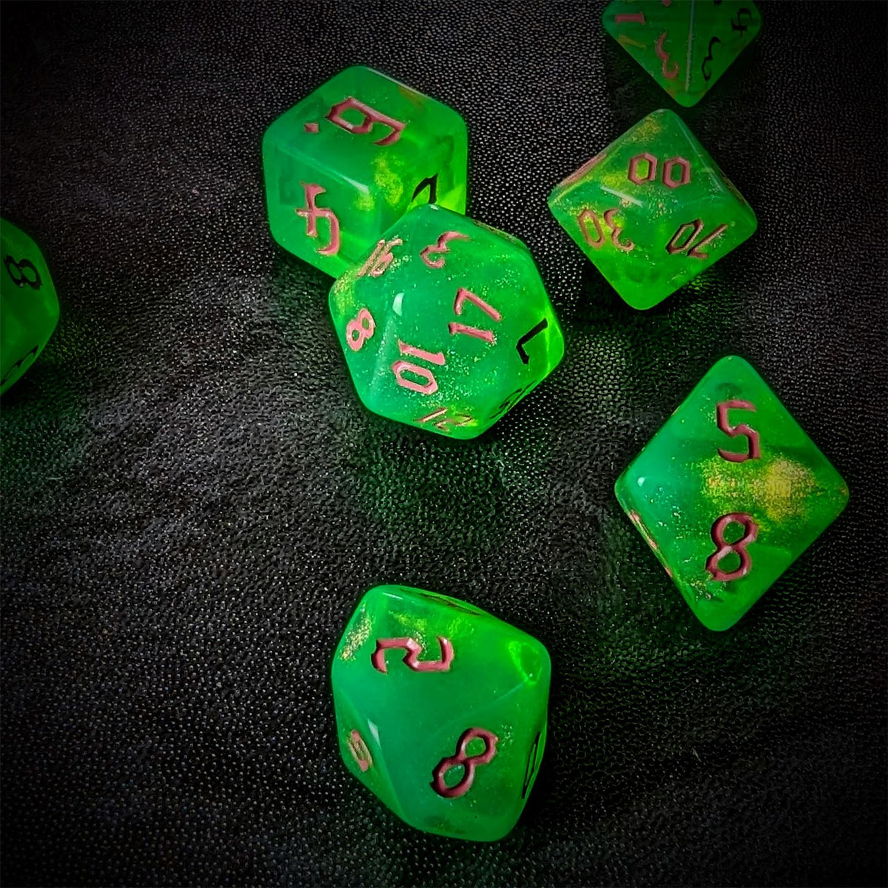 Glitter in Green Acrylic - 7pcs RPG Full Dice Set Scatter