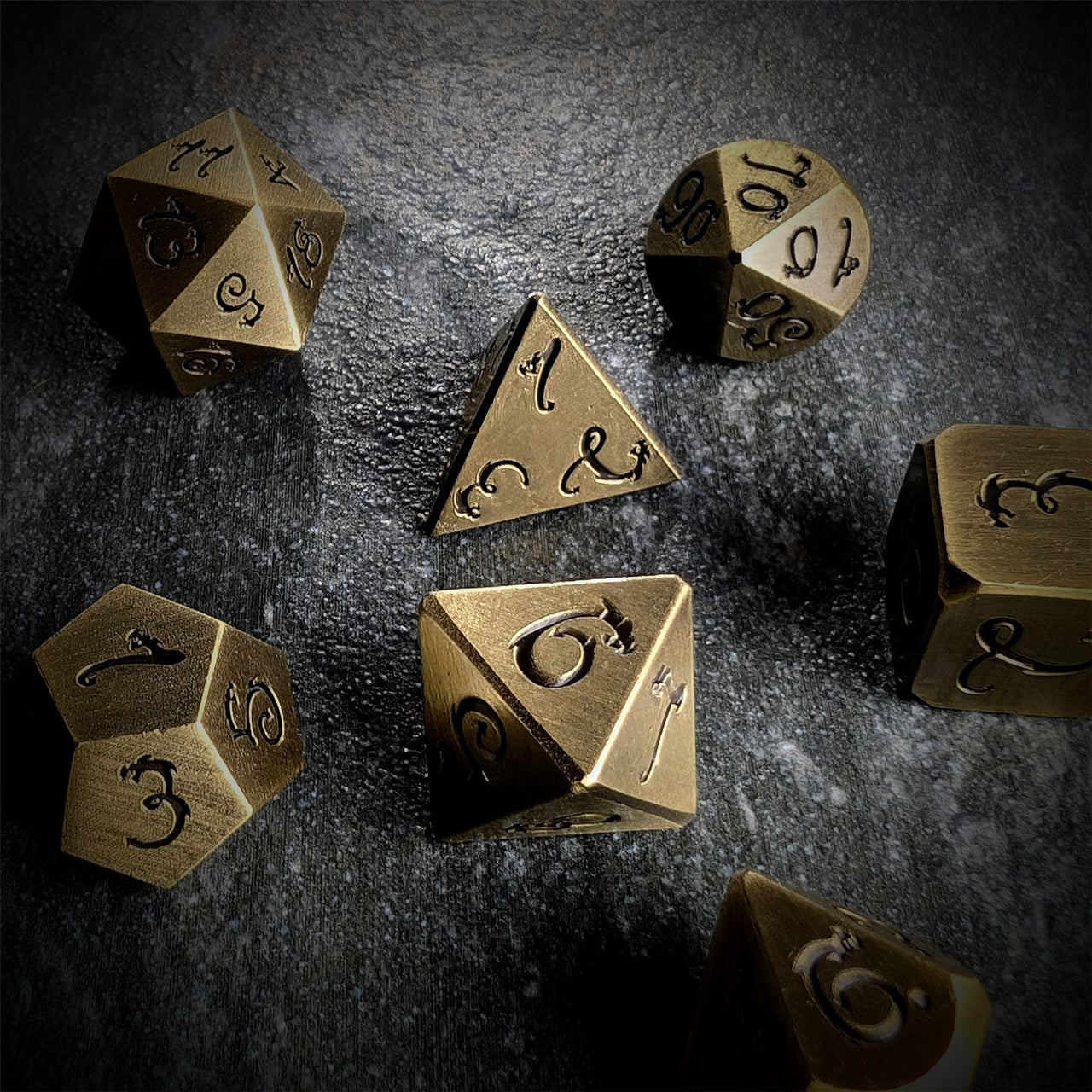 Bronze Metal with Black Dragon Font - 7pcs RPG Dice Set