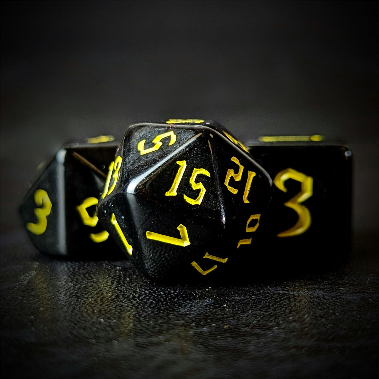 Yellow on Solid Black Acrylic - 7pcs RPG Full Dice Set Close