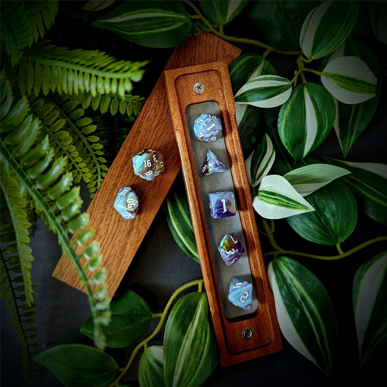 Blend of Sky Blue & Purple Acrylic - 7pcs RPG Full Dice Set Box Setup