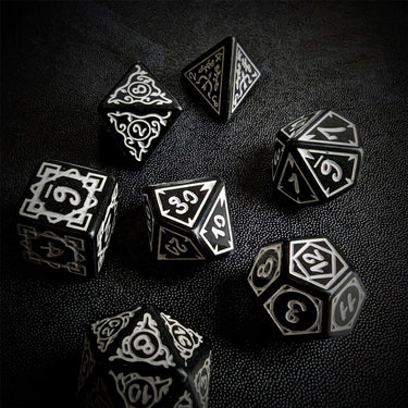 White Vines on Black Acrylic - 7pcs RPG Full Dice Set Scatter
