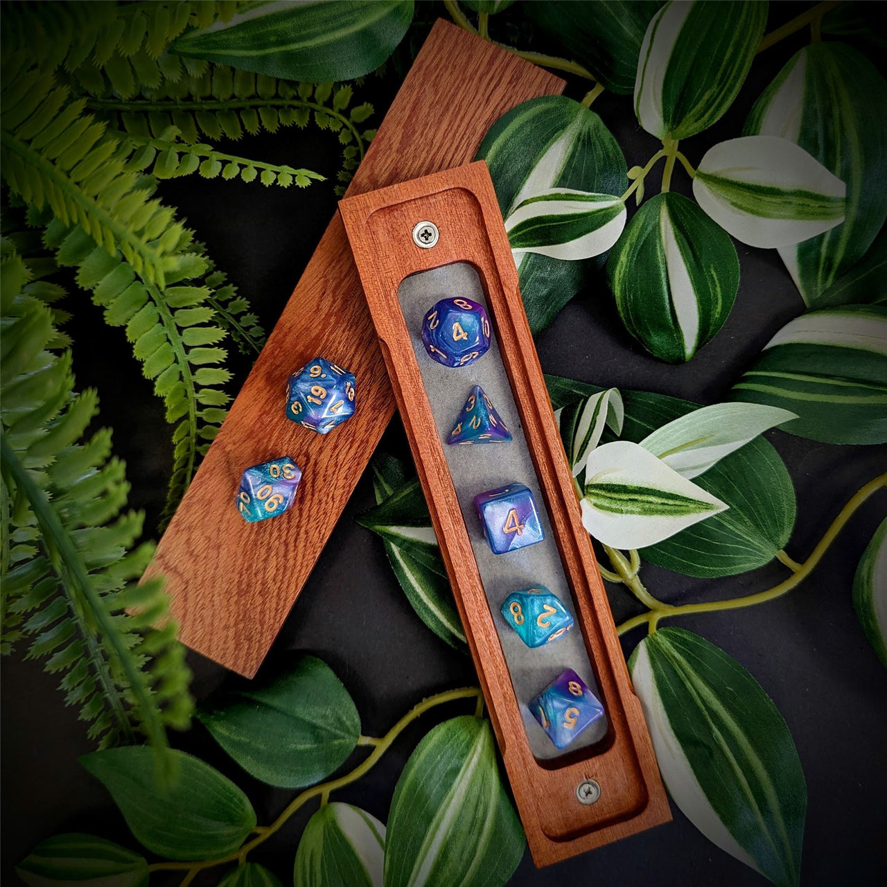 Glitter in Purple & Blue Acrylic - 7pcs RPG Full Dice Set Box Setup