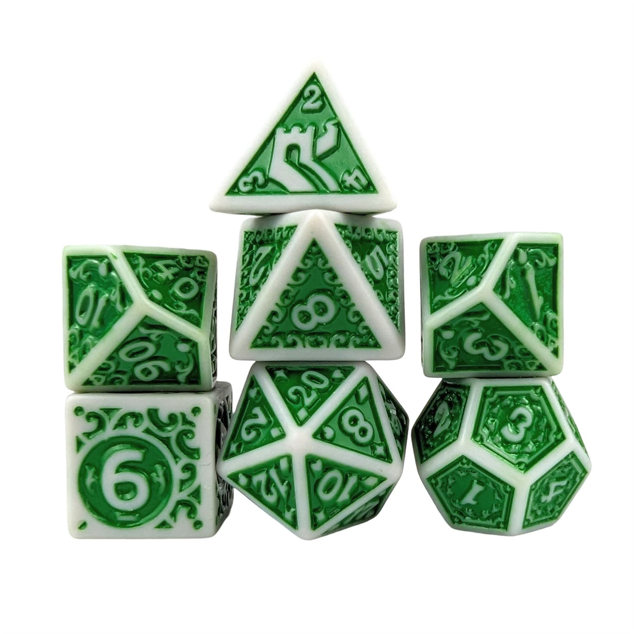 Green Vines on White Acrylic - 7pcs RPG Full Dice Set White Stack