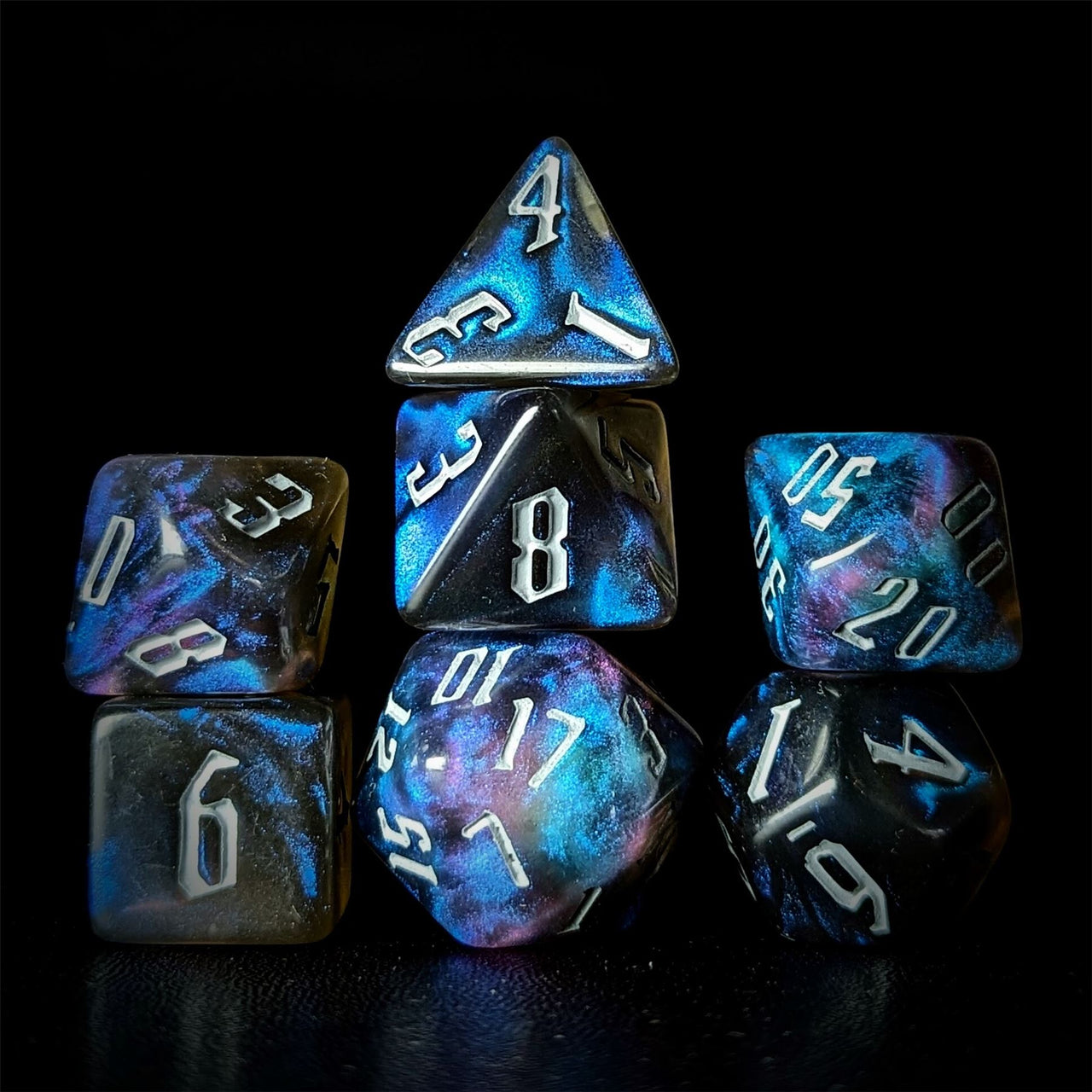 Glitter in Black & Blue Acrylic - 7pcs RPG Full Dice Set