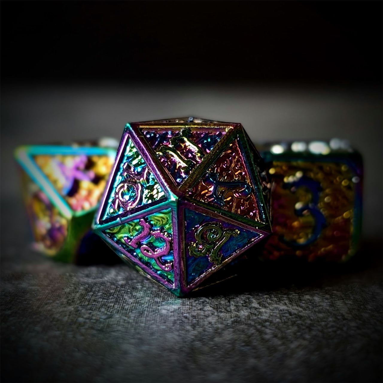 Rainbow Metal with Dragon Font - 7pcs RPG Dice Set