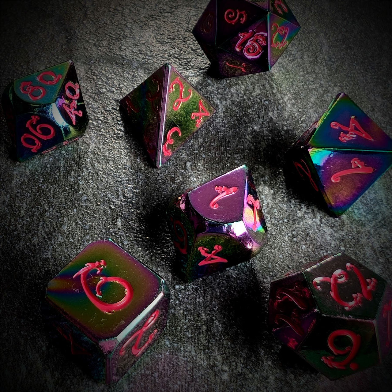 Rainbow Metal with Pink Dragon Font - 7pcs RPG Dice Set