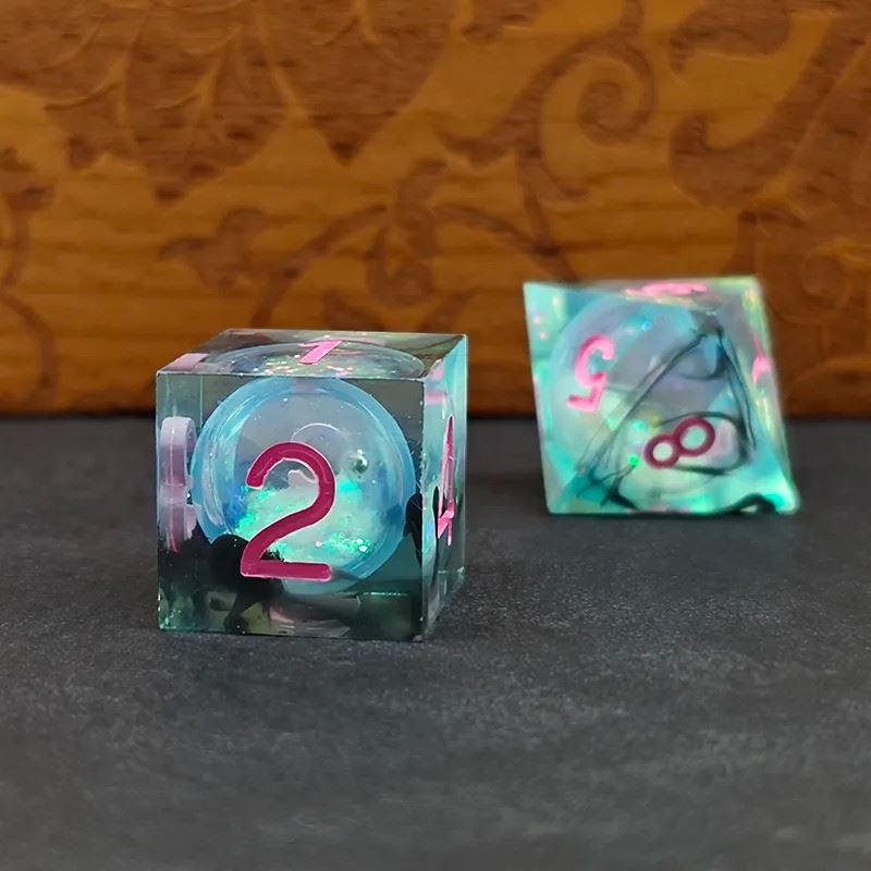 Black Swirl & Glitter in Cyan Liquid Filled Sharp Resin - 7pcs RPG Dice Set