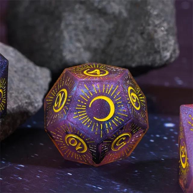 Moon on Purple with Black Swirl Sharp Resin - 7pcs RPG Dice Set