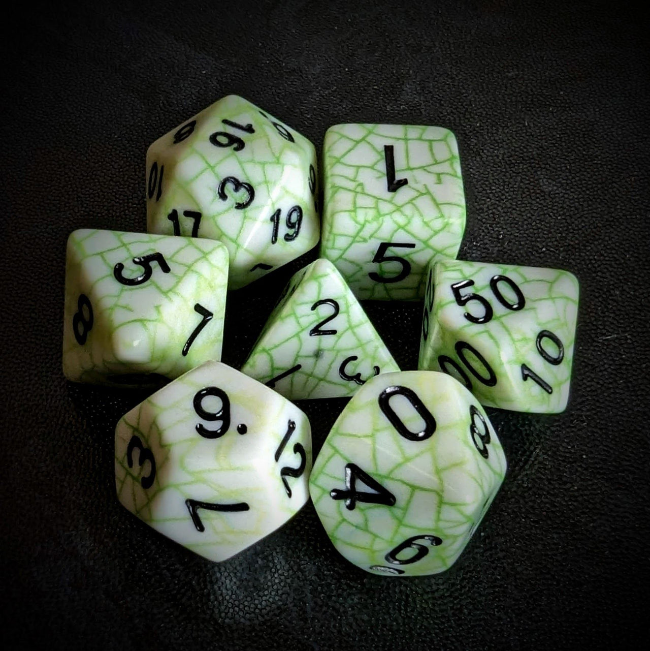 Cracked Green on White Acrylic - 7pcs RPG Full Dice Set