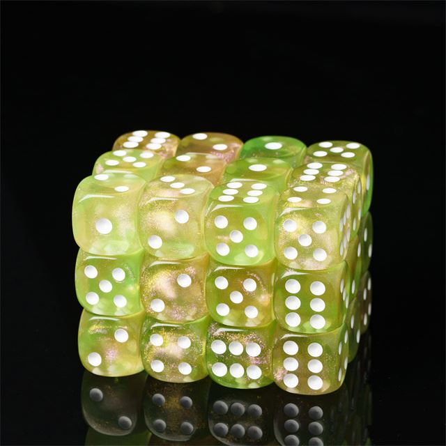 16mm Yellow & Green Acrylic with Glitter - 6pcs D6 RPG Dice Set