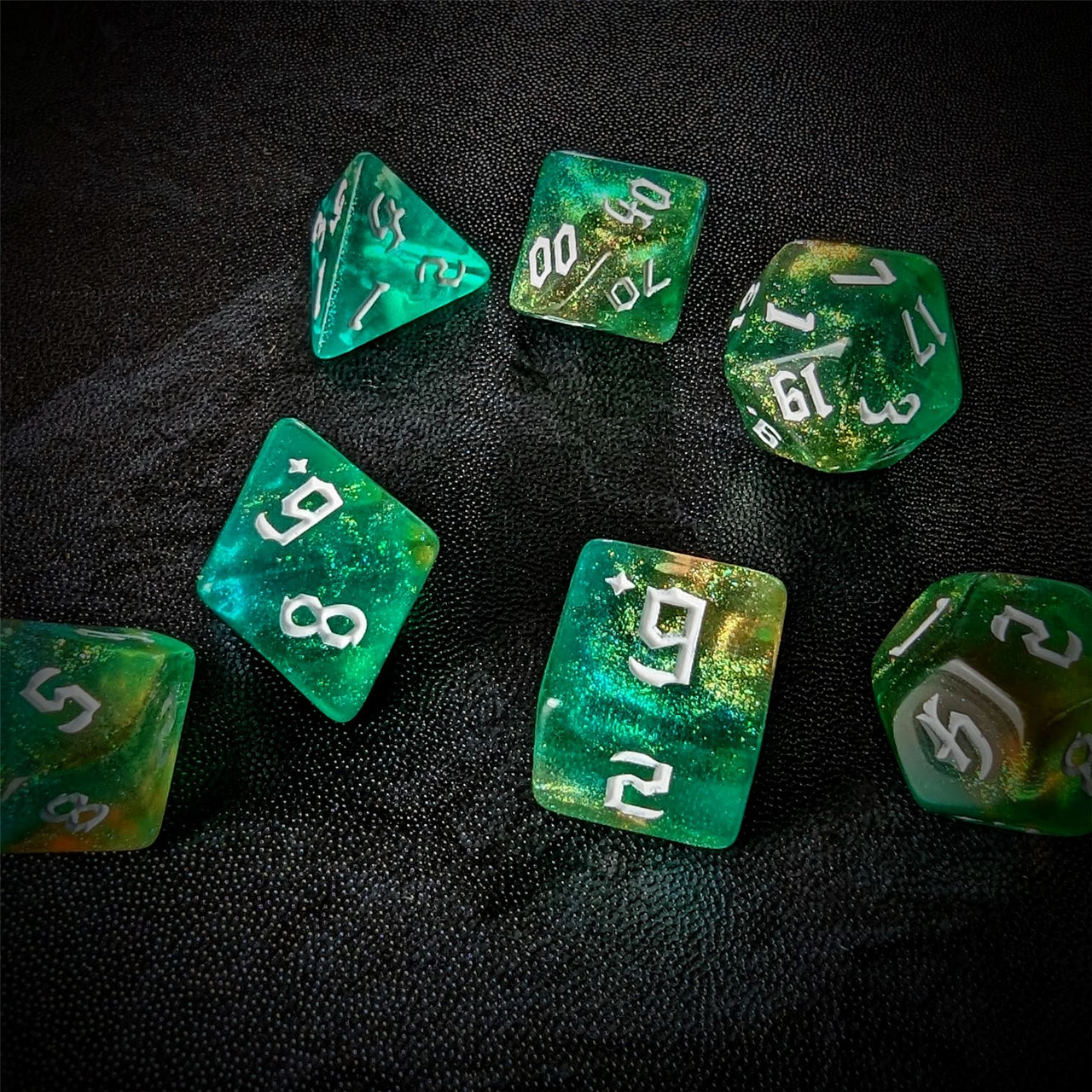 Glitter in Green & Yellow Acrylic - 7pcs RPG Full Dice Set Scatter