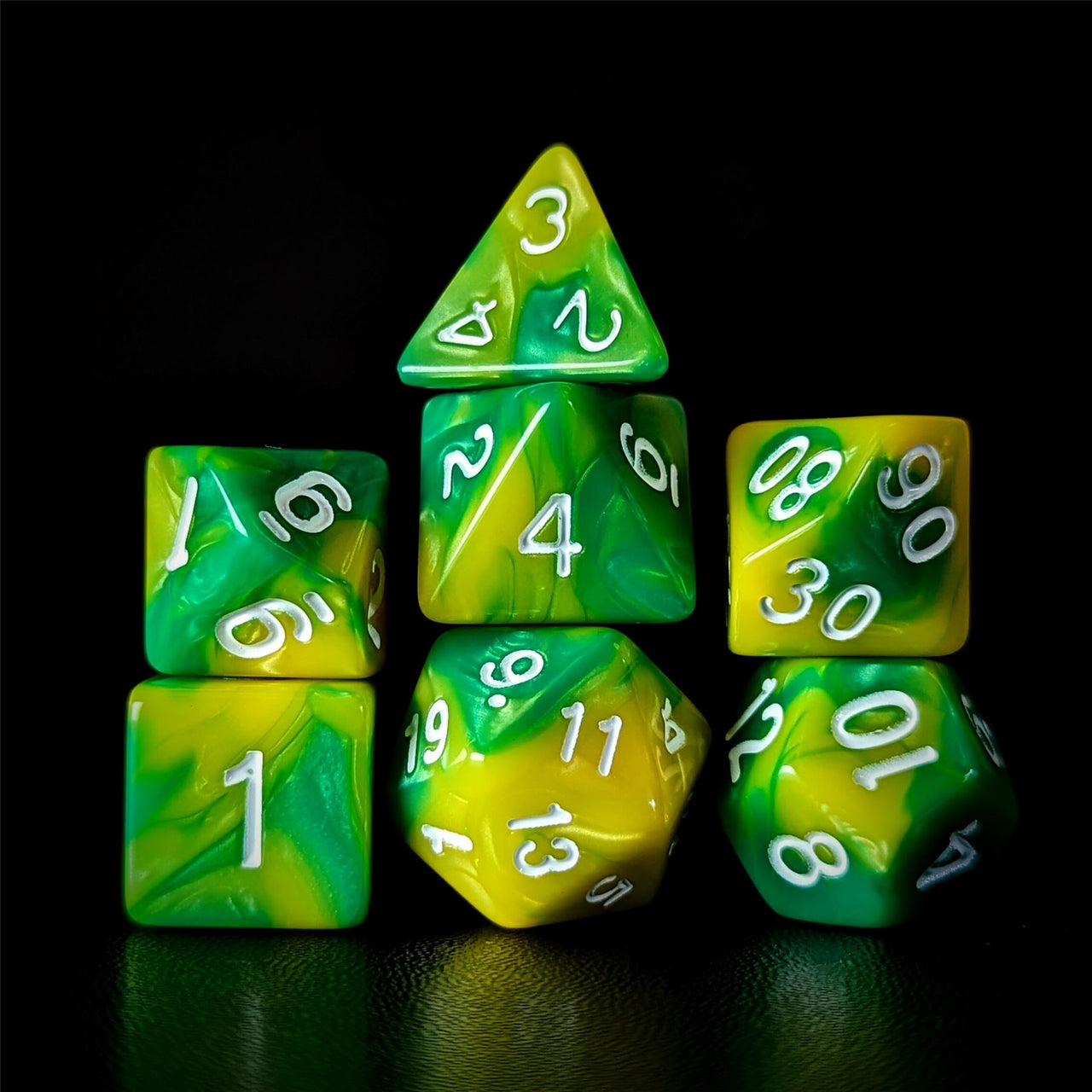 Blend of Green & Yellow Acrylic - 7pcs RPG Full Dice Set Dark Stack