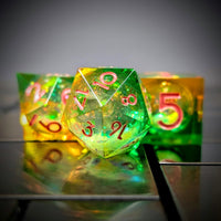 Thumbnail for 7pcs Dice Sharp Filled Liquid Pink Font Brown Green