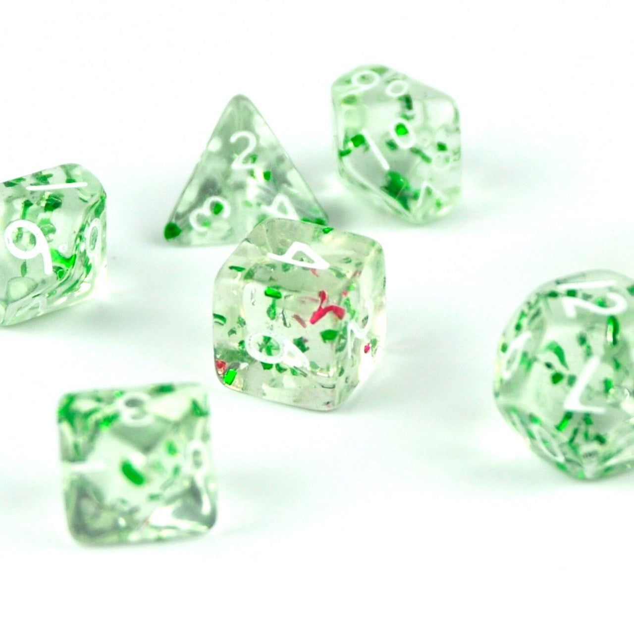 Glitter in Clear & Green Acrylic - 7pcs RPG Mini Dice Set