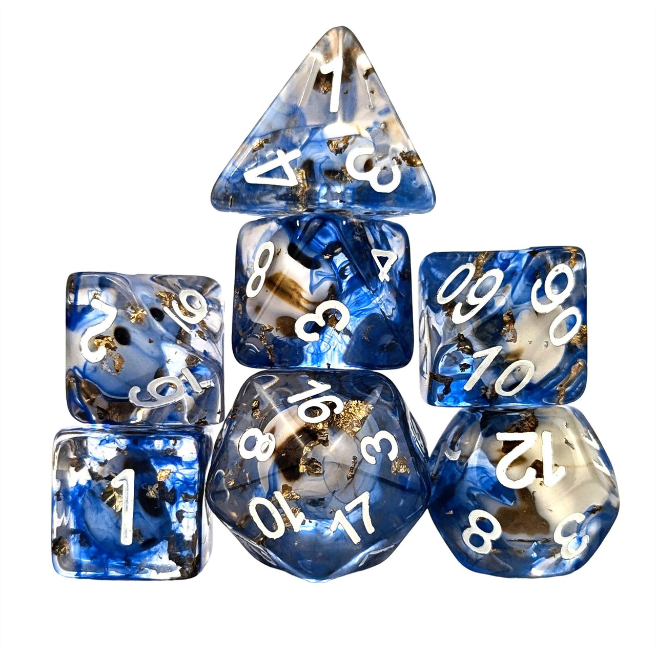 Skull & Gold Foil in Clear & Blue Resin - 7pcs RPG Full Dice Set
