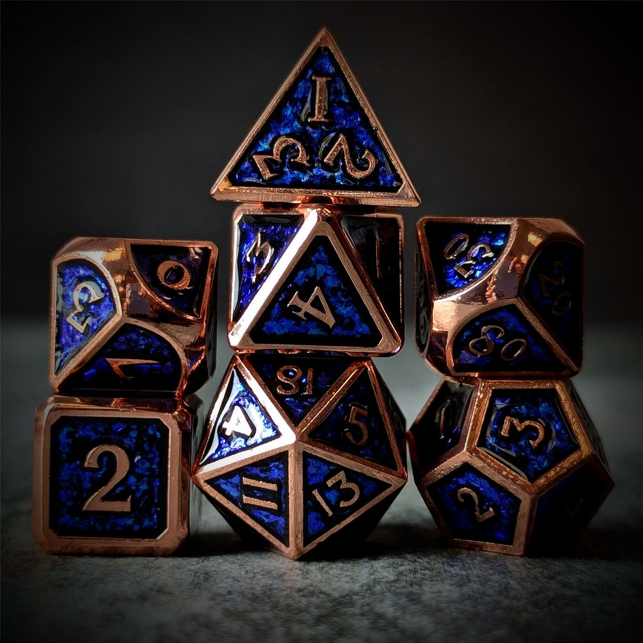 Glitter Blue Enamel in Copper Metal - 7pcs RPG Dice Set