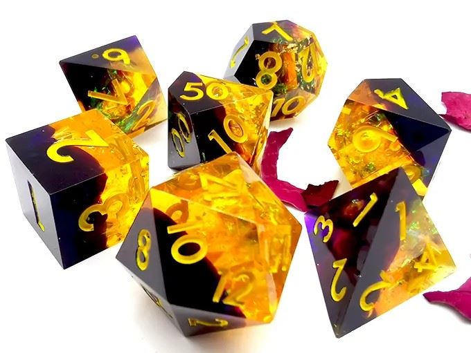 Yellow Swirl in Black with Gold Foil Sharp Resin - 7pcs RPG Dice Set