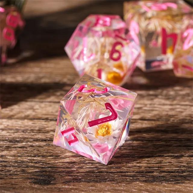 Gold Flower in Clear Filled Sharp Resin - 7pcs RPG Dice Set