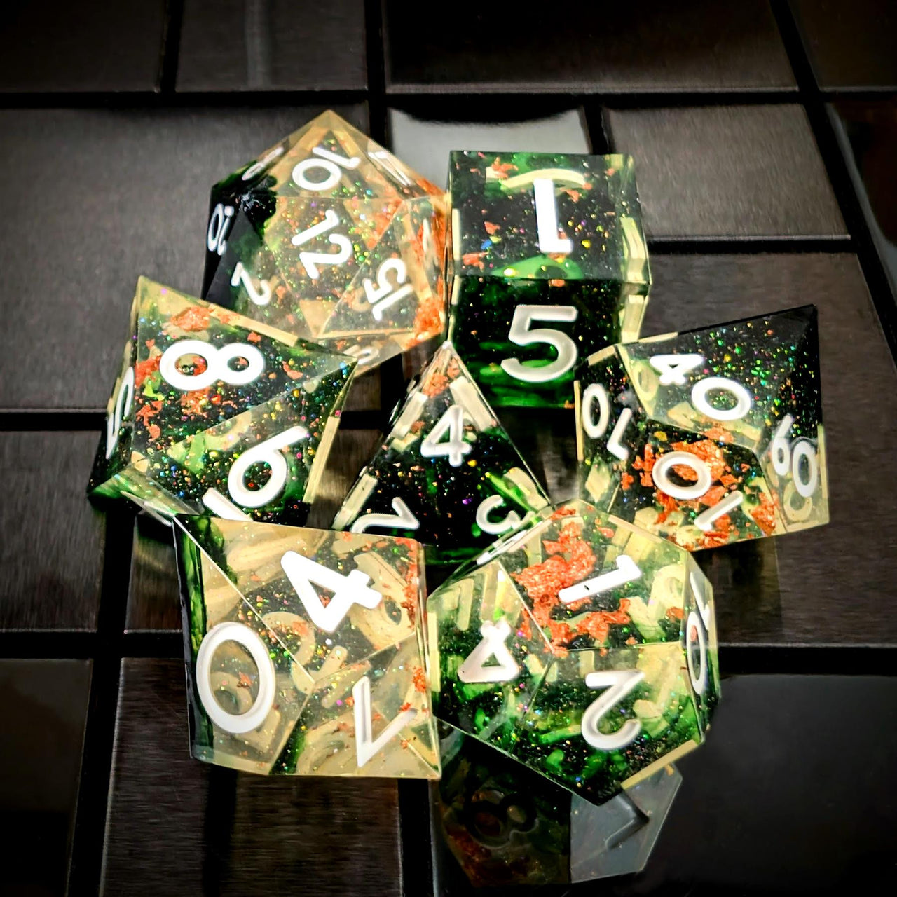 Green Swirl in Black & Clear with Copper Foil Sharp Resin - 7pcs RPG Dice Set