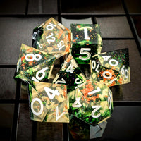 Thumbnail for Green Swirl in Black & Clear with Copper Foil Sharp Resin - 7pcs RPG Dice Set