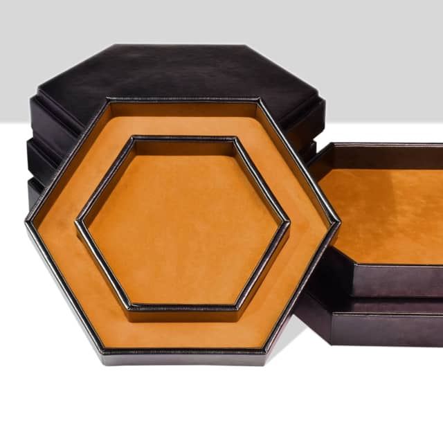 Camel Velvet & Black PU Leather - Hexagon Lid Dice Tray