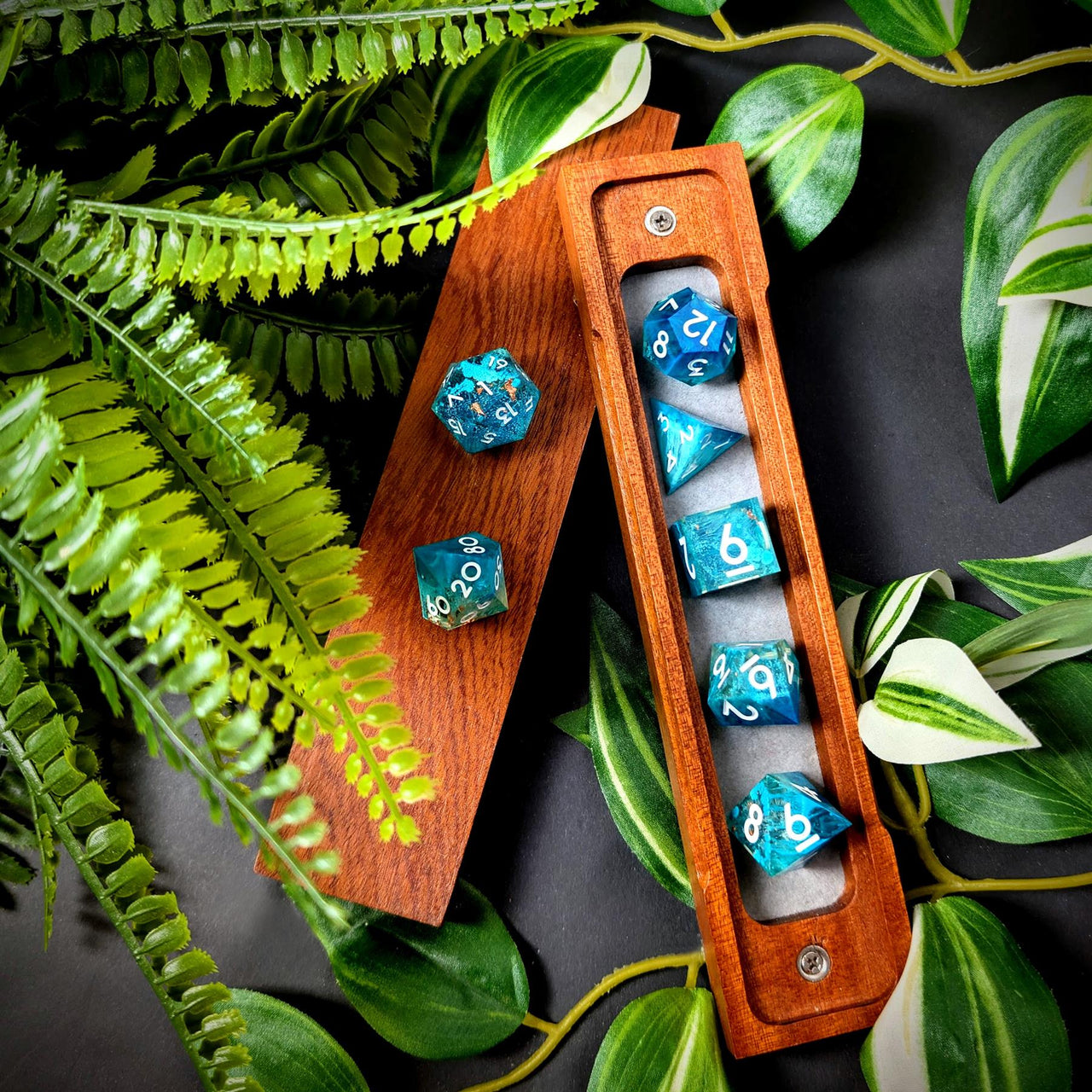 Blue Swirl in Teal with Gold Foil Sharp Resin - 7pcs RPG Dice Set