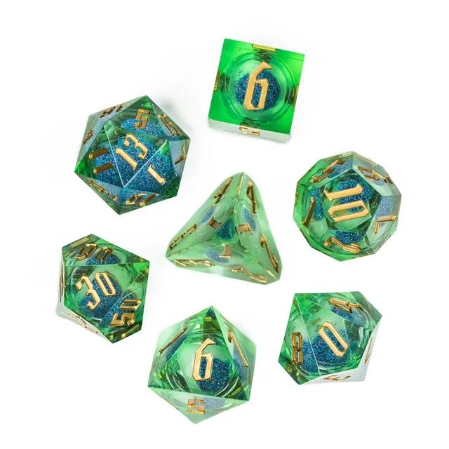 Blue Glitter in Green & Clear Liquid Filled Sharp Resin - 7pcs RPG Dice Set