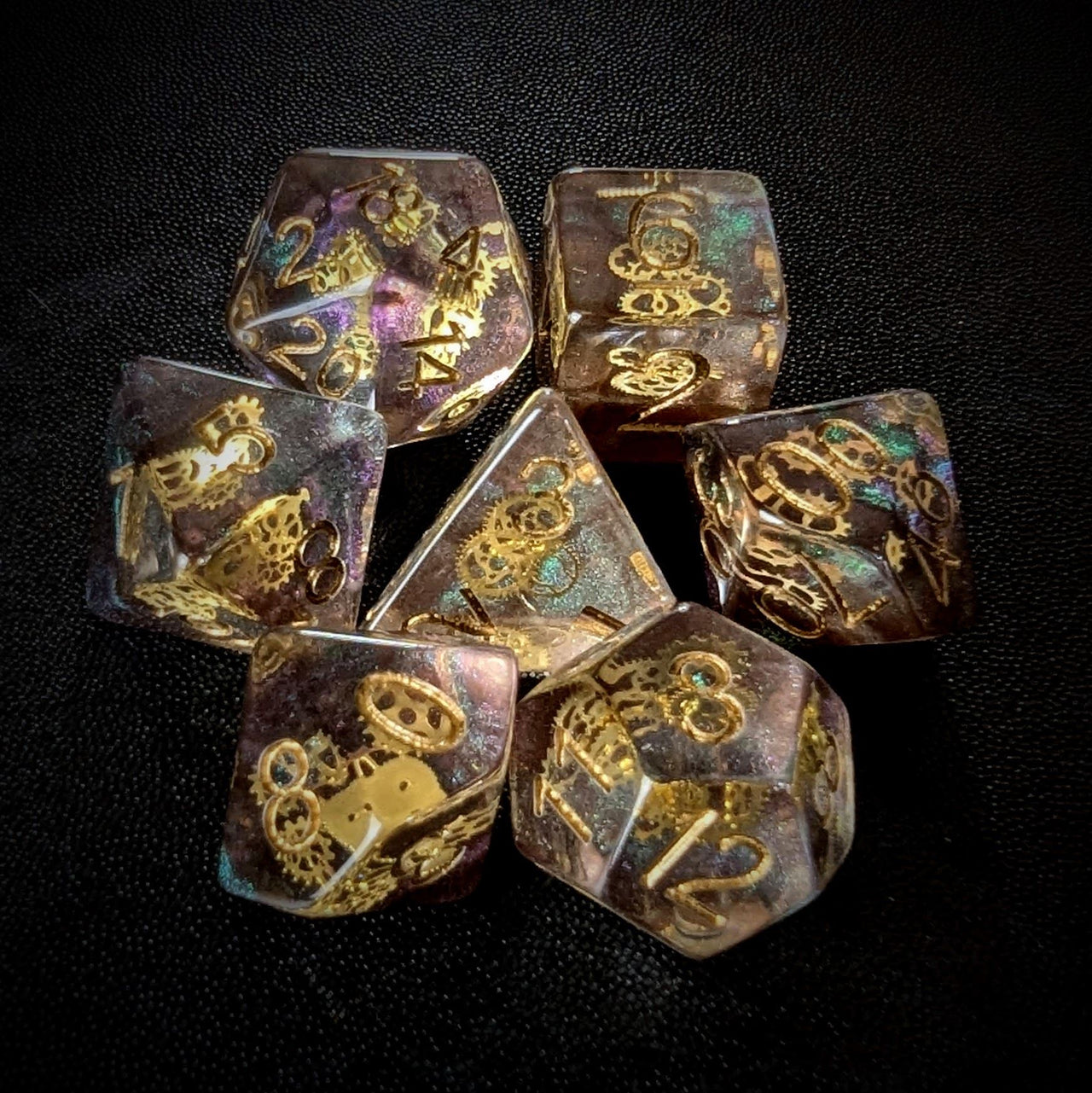 Cogs in Clear & Purple Resin - 7pcs RPG Full Dice Set