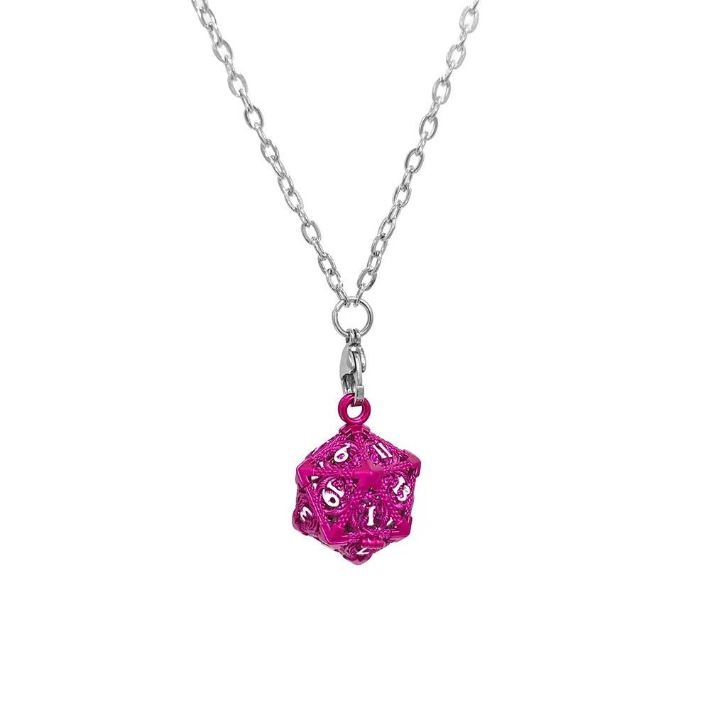 Magenta D20 Dragon Cage with Mini Metal Dice Set Necklace