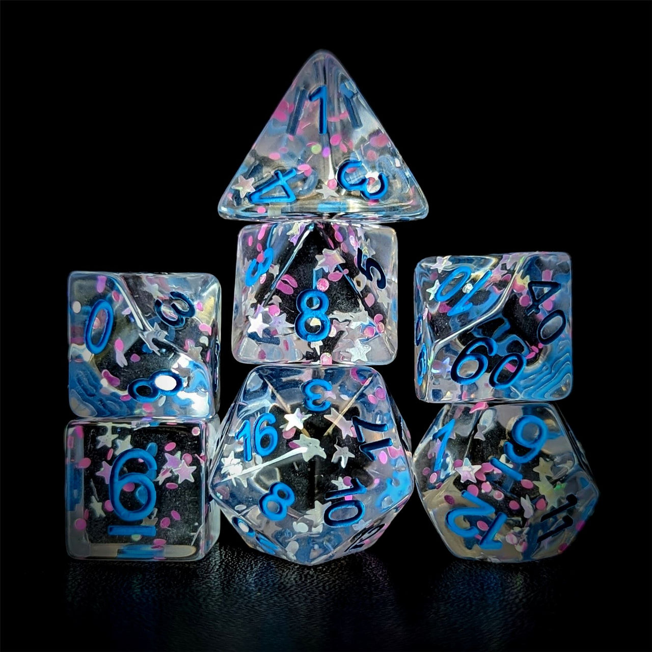 Star Confetti in Clear Resin - 7pcs RPG Full Dice Set