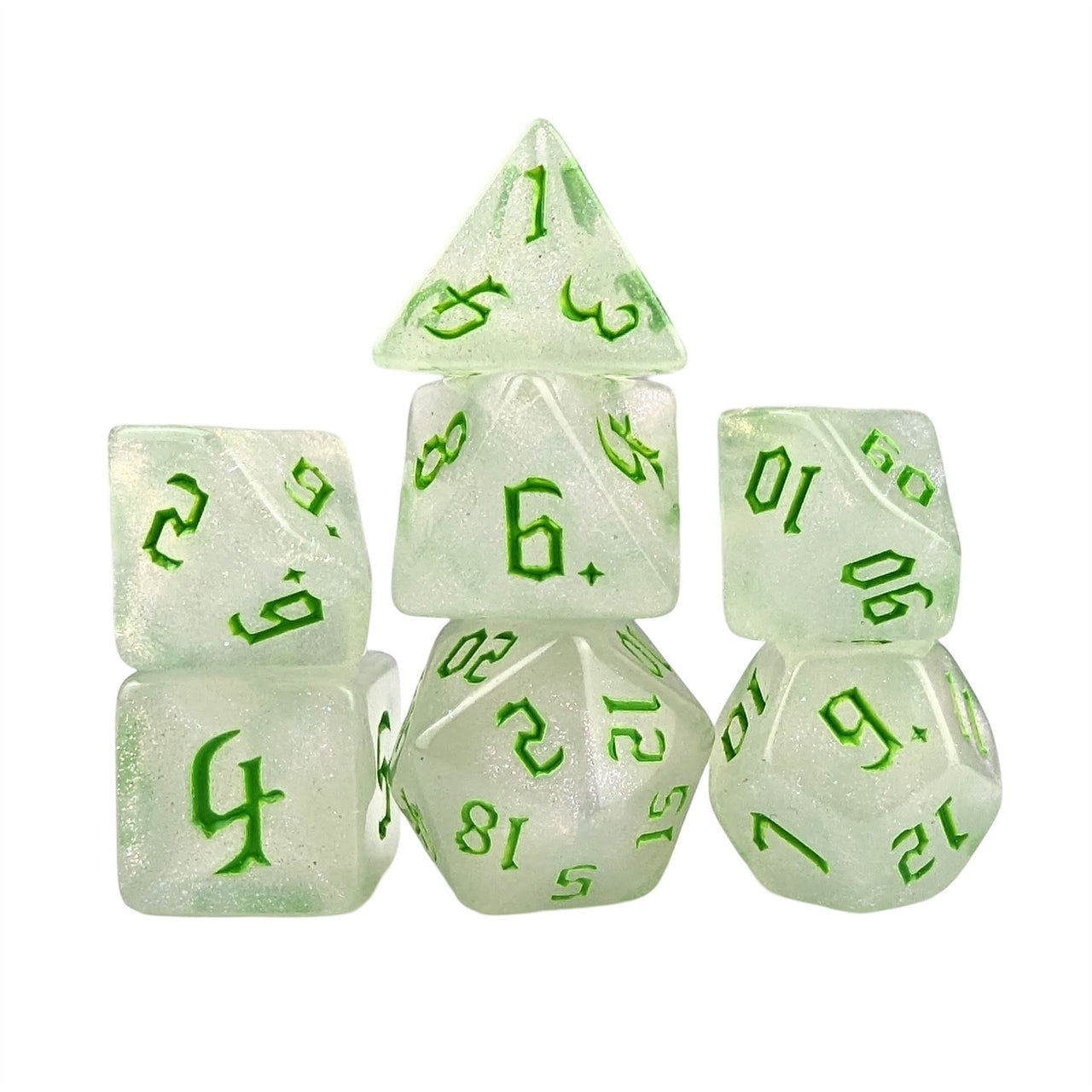 Glitter in White Acrylic with Green Font - 7pcs RPG Full Dice Set White Stack