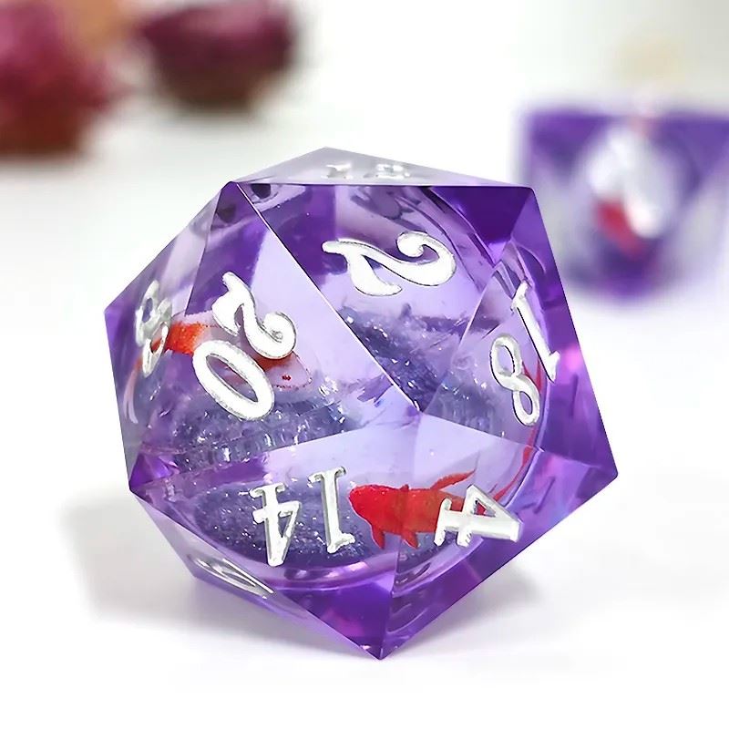 Fish Ball in Clear & Purple Filled Sharp Resin - 7pcs RPG Dice Set