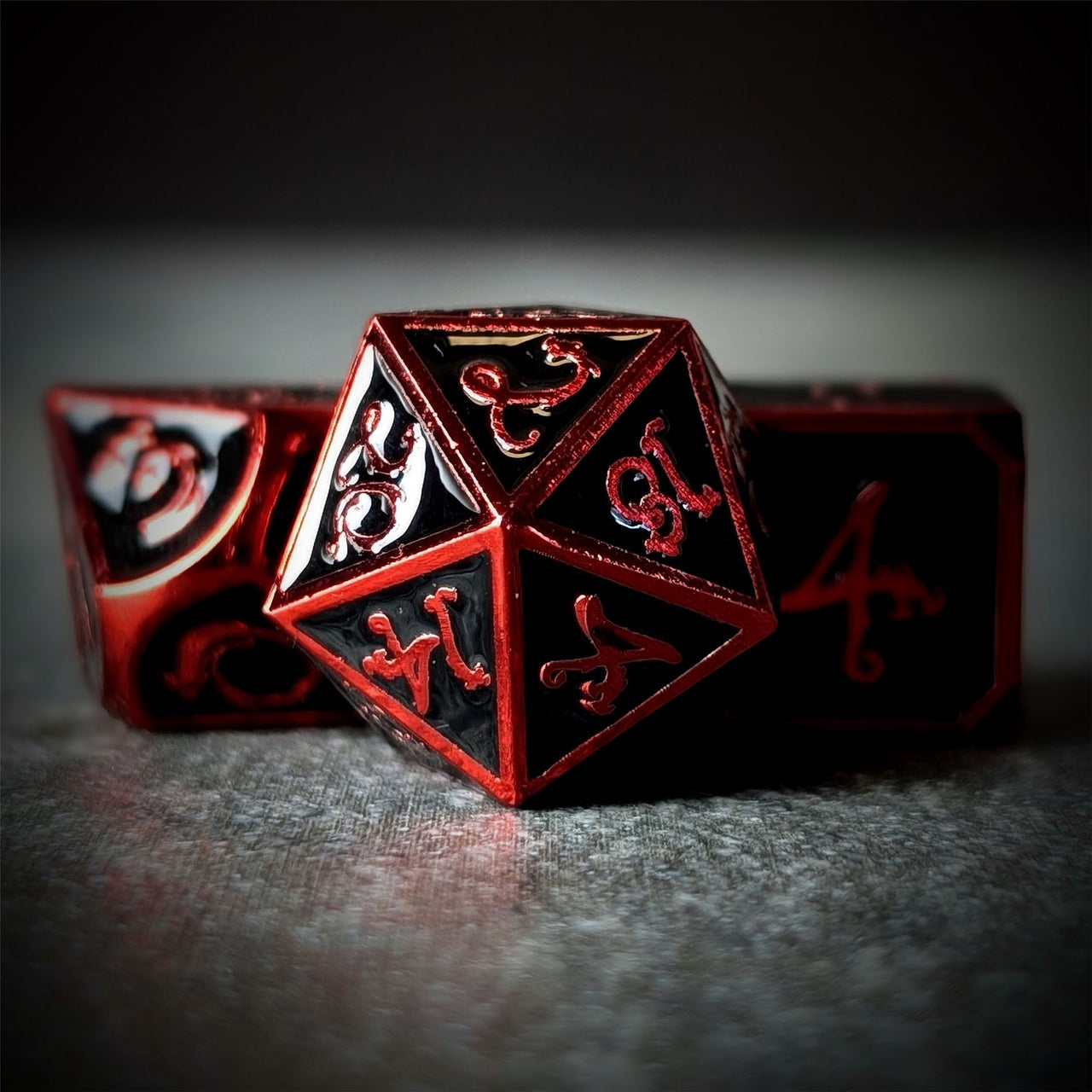 Black Metal with Red Dragon Font - 7pcs RPG Dice Set