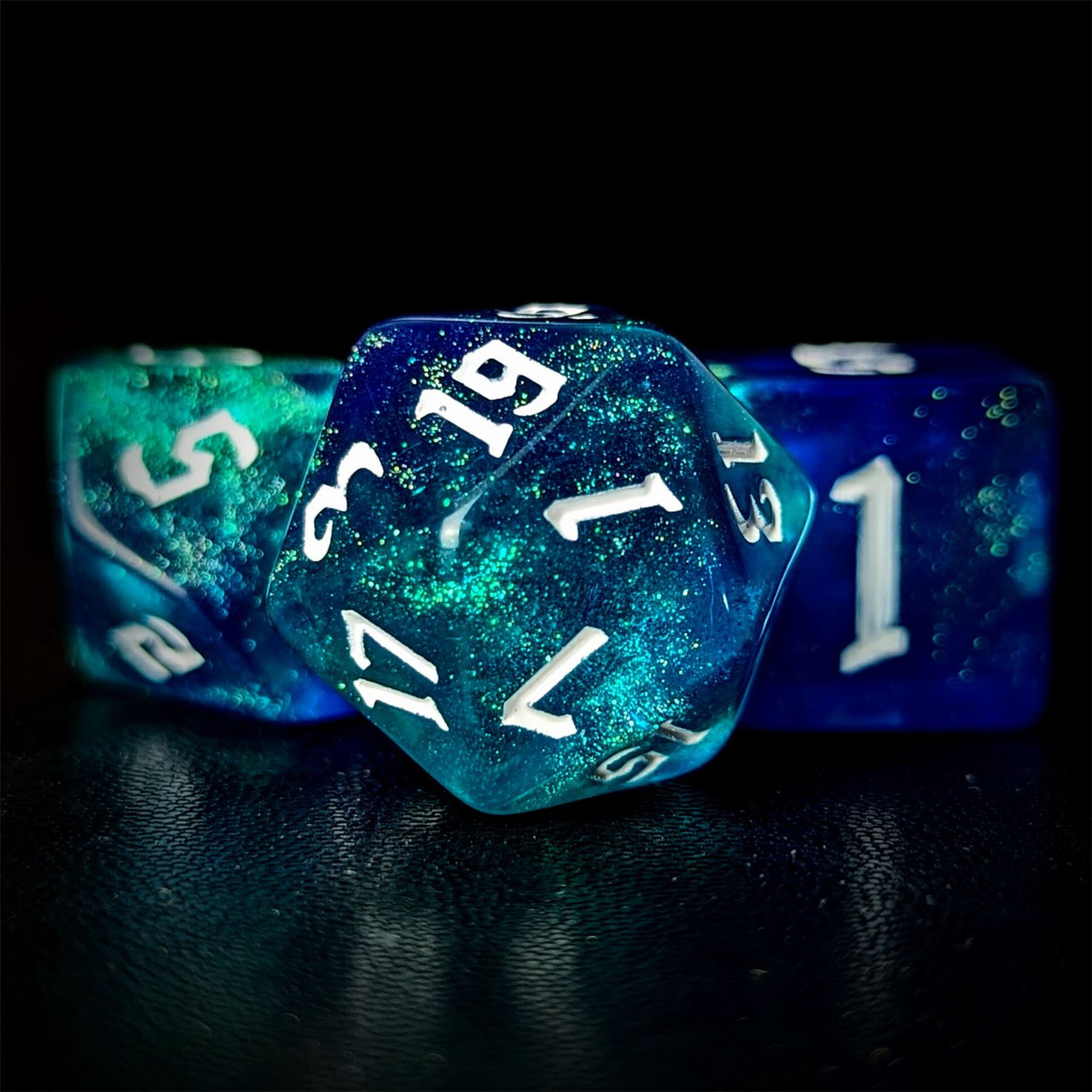 Glitter in Blue & Cyan Acrylic - 7pcs RPG Full Dice Set Close