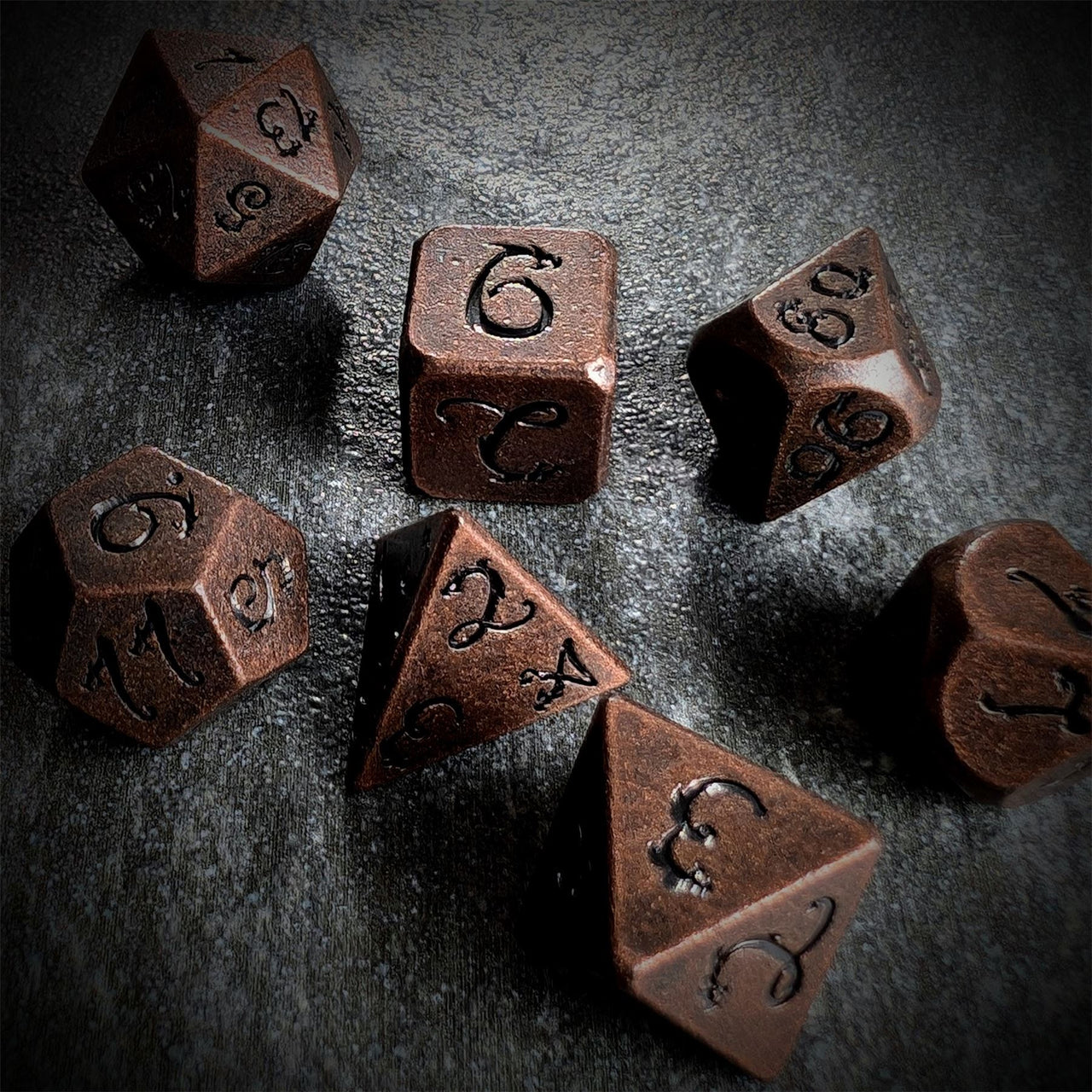 Copper Metal with Black Dragon Font - 7pcs RPG Dice Set