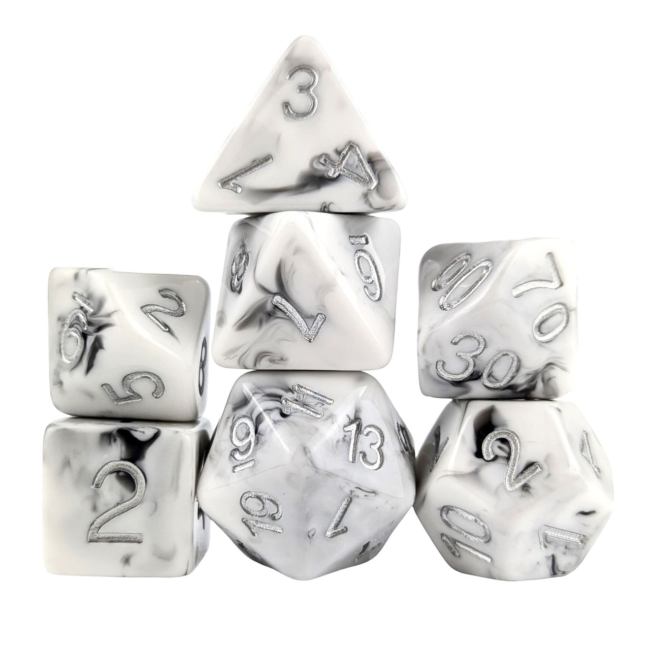 Grey Swirl in White Resin - 7pcs RPG Full Dice Set