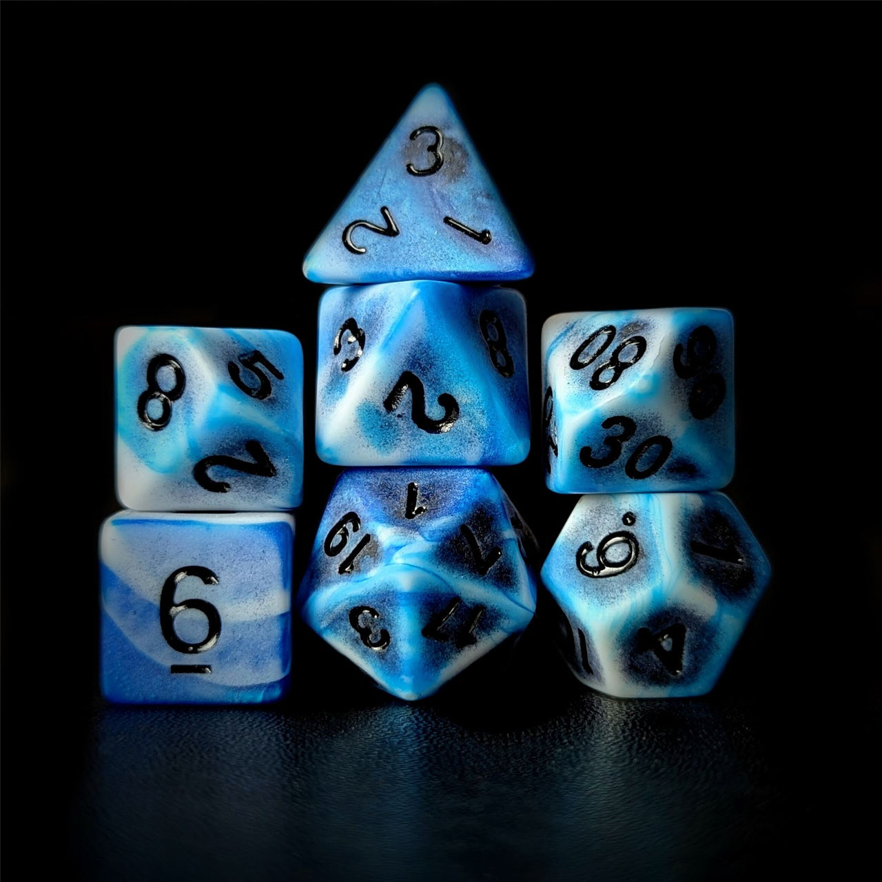 Washed Blue on White Acrylic - 7pcs RPG Full Dice Set Dark Stack