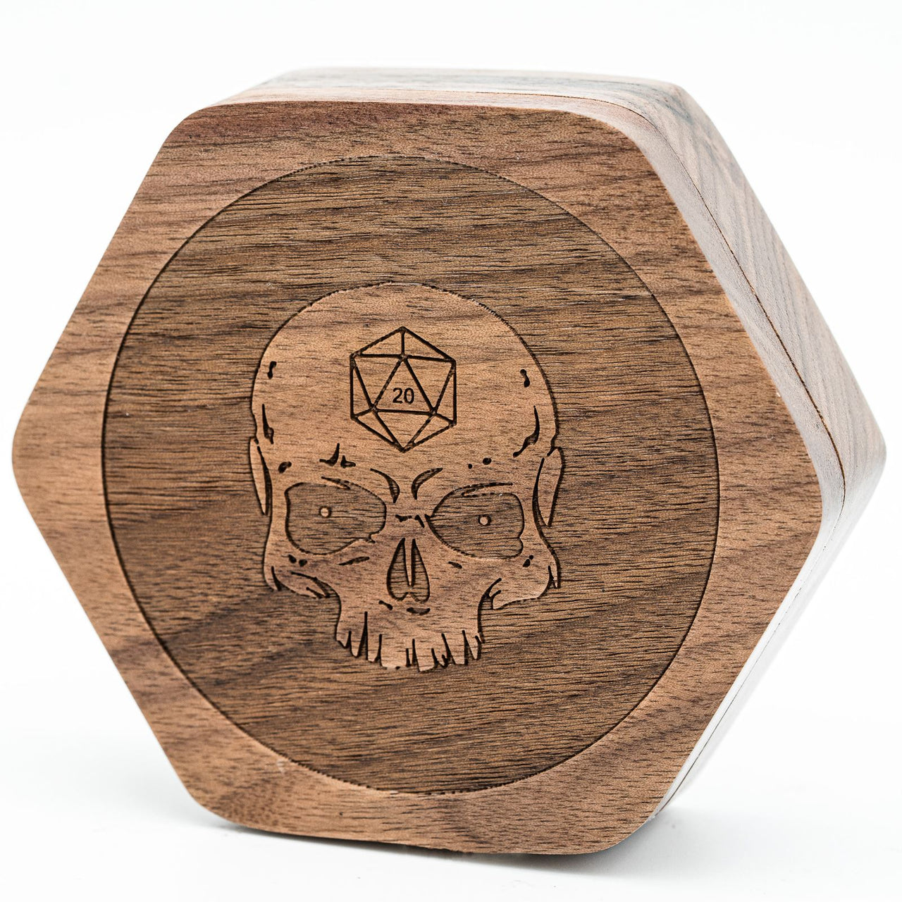 Skull on Walnut Wood with 7 Slots -  Magnetic Dice Storage