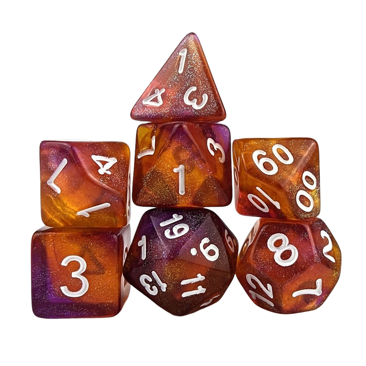 Glitter in Orange & Pink Acrylic - 7pcs RPG Full Dice Set White Stack