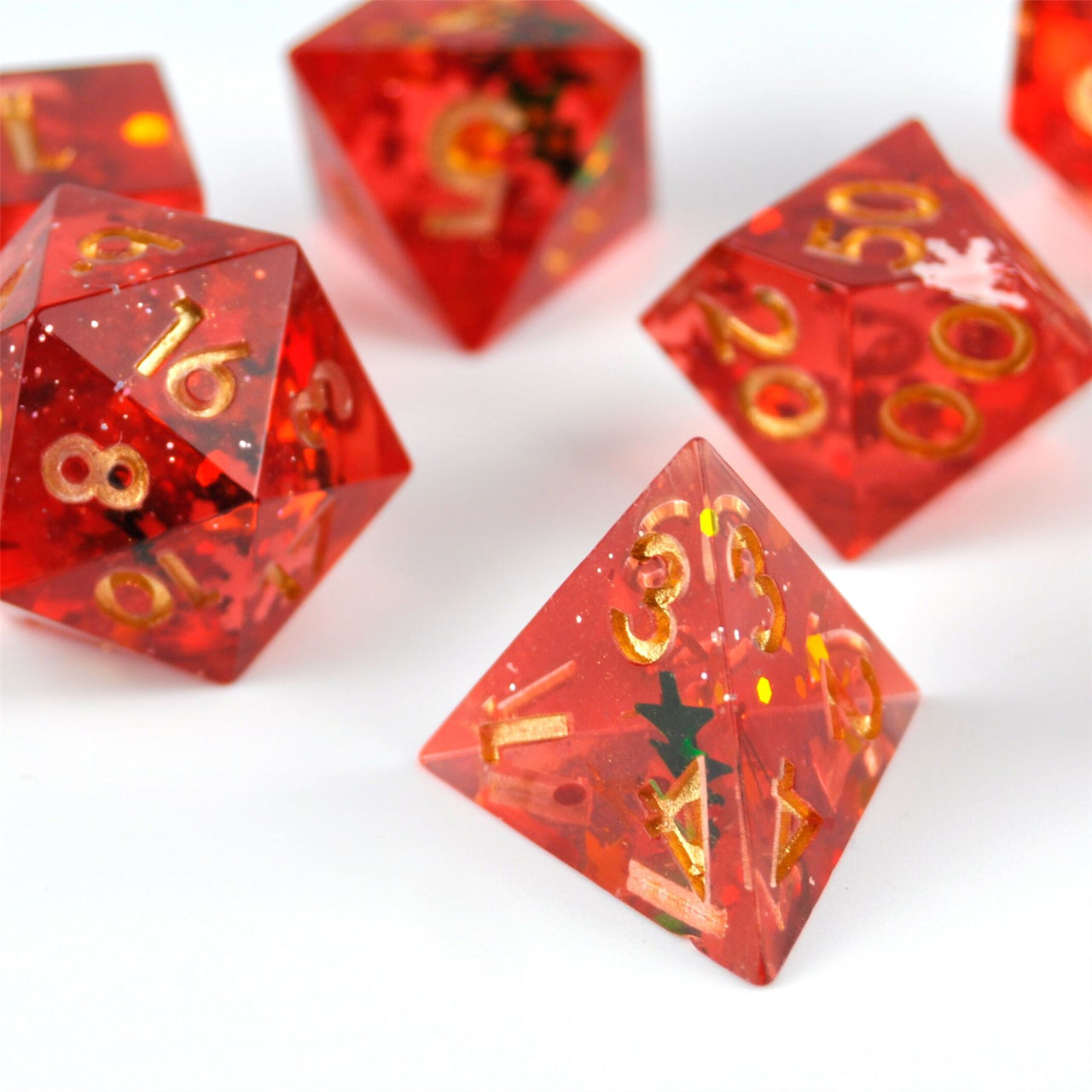 Snow in Red & Clear Filled Sharp Resin - 7pcs RPG Dice Set