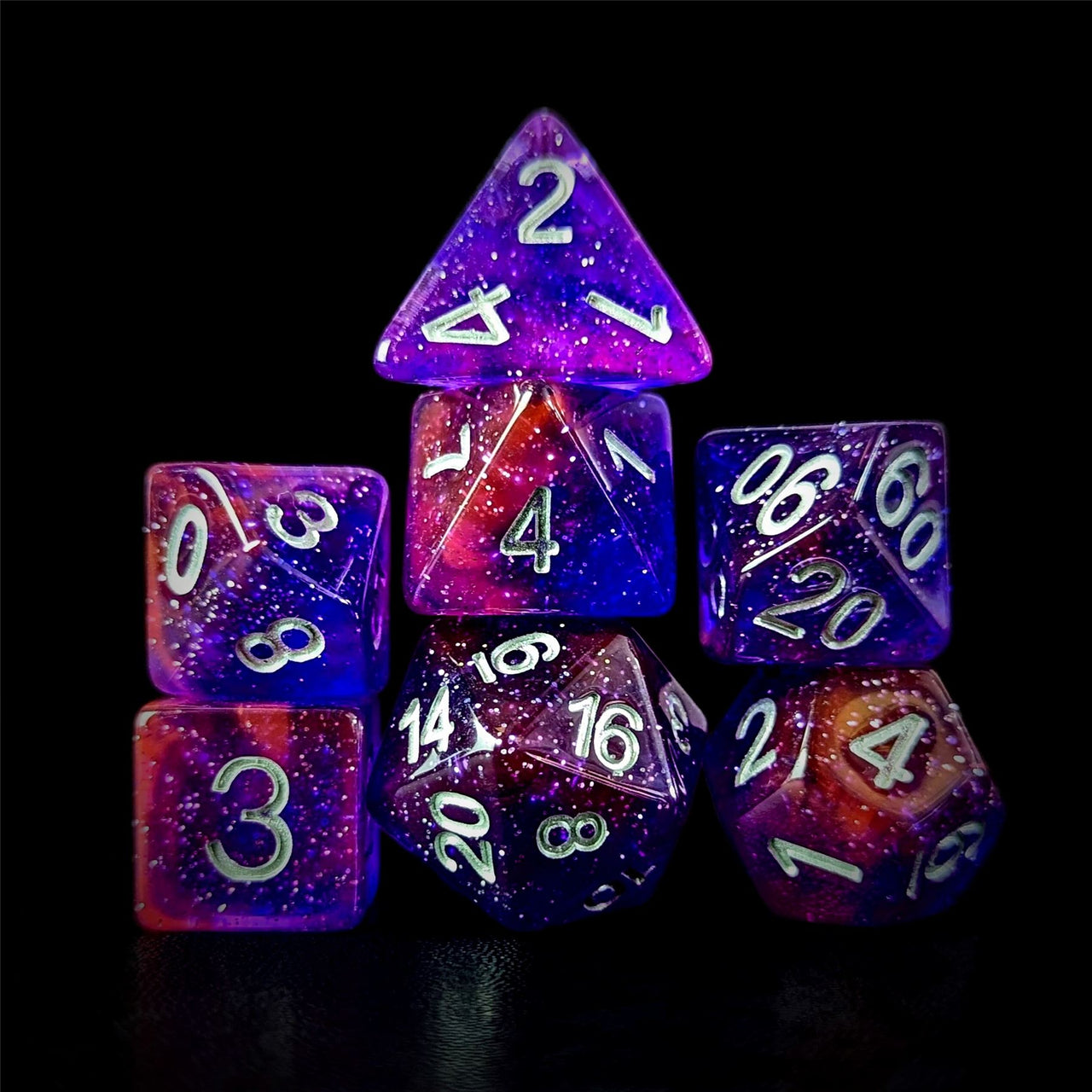 Glitter in Purple & Pink Resin - 7pcs RPG Full Dice Set